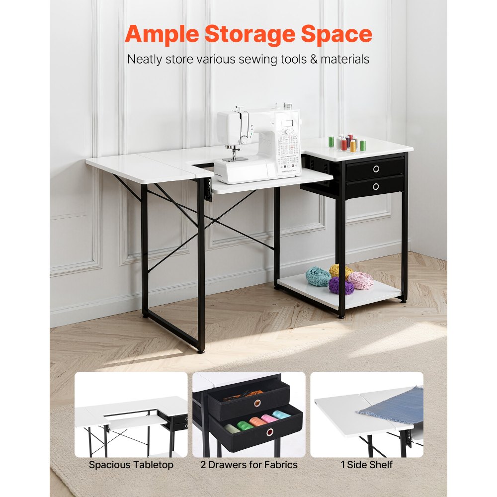 VEVOR Naaitafel, naaimachinetafel met opvouwbaar tafelblad, verstelbare plank, stalen poten en lade; Multifunctionele tafel, computerbureau voor thuis, modestudio, kunststudio, onderwijsinstelling