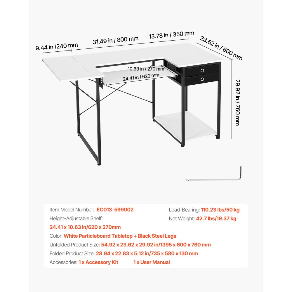 VEVOR Naaitafel, naaimachinetafel met opvouwbaar tafelblad, verstelbare plank, stalen poten en lade; Multifunctionele tafel, computerbureau voor thuis, modestudio, kunststudio, onderwijsinstelling