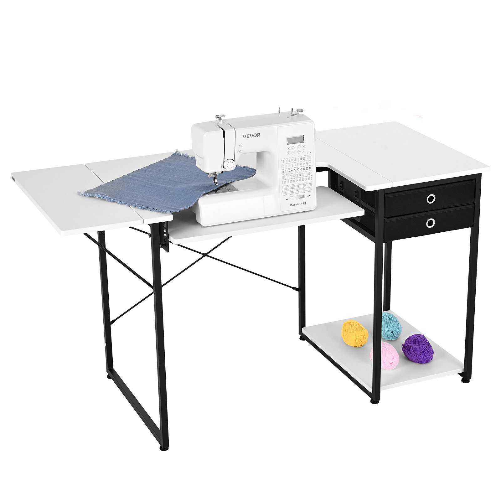 VEVOR Naaitafel, naaimachinetafel met opvouwbaar tafelblad, verstelbare plank, stalen poten en lade; Multifunctionele tafel, computerbureau voor thuis, modestudio, kunststudio, onderwijsinstelling