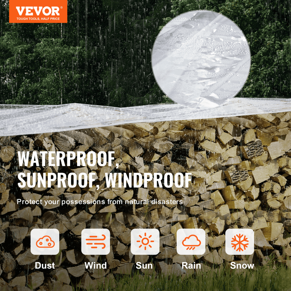 VEVOR Clear Vinyl Tarp, 9.8 x 13.1 ft Clear Vinyl Patio Enclosure, Tear-Proof and Waterproof PVC Tarpaulin, with Grommets and Reinforced Edges for Canopy Boat RV Tent Shelter Trailer Truck Cover