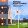 VEVOR wind turbine generator 500w next to house, promoting use for home, farm, rvs, boats.