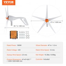 VEVOR 500W Wind Turbine 12V Wind Generator 5 Blades Wind Power Generator with MPPT Controller Adjustable Wind Direction and 2.5m/s Starting Wind Speed ​​Suitable for Home Farm RV Boats