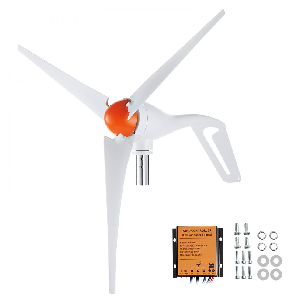 VEVOR wind turbine generator with white blades, orange hub, and accessories including bolts and wind controller.