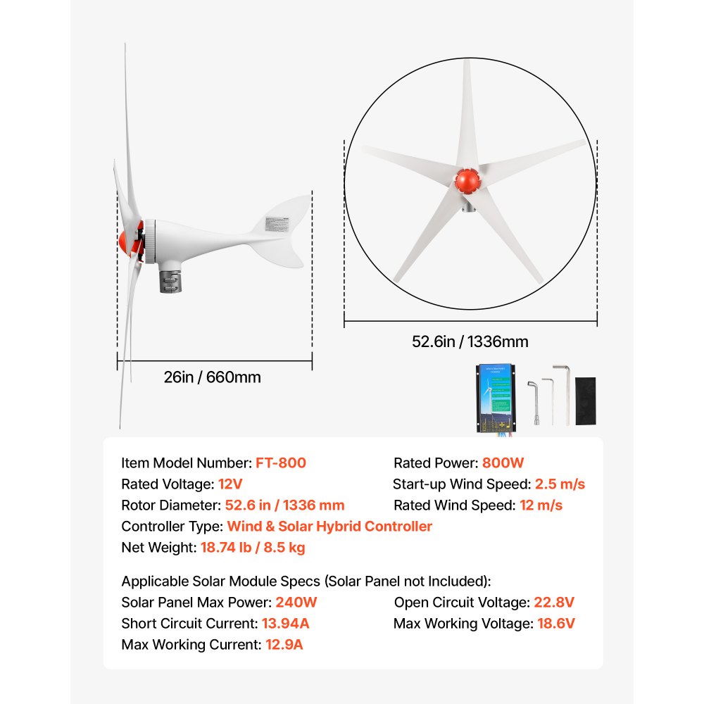 VEVOR 800W 12V horizontale windturbine met MPPT & PWM, 5 rotorbladen, 3-fasen wisselstroom, IP67-classificatie en overlaadbeveiliging, hybride wind- en zonne-energiecontroller, windturbine voor residentieel gebruik, campers en boten.