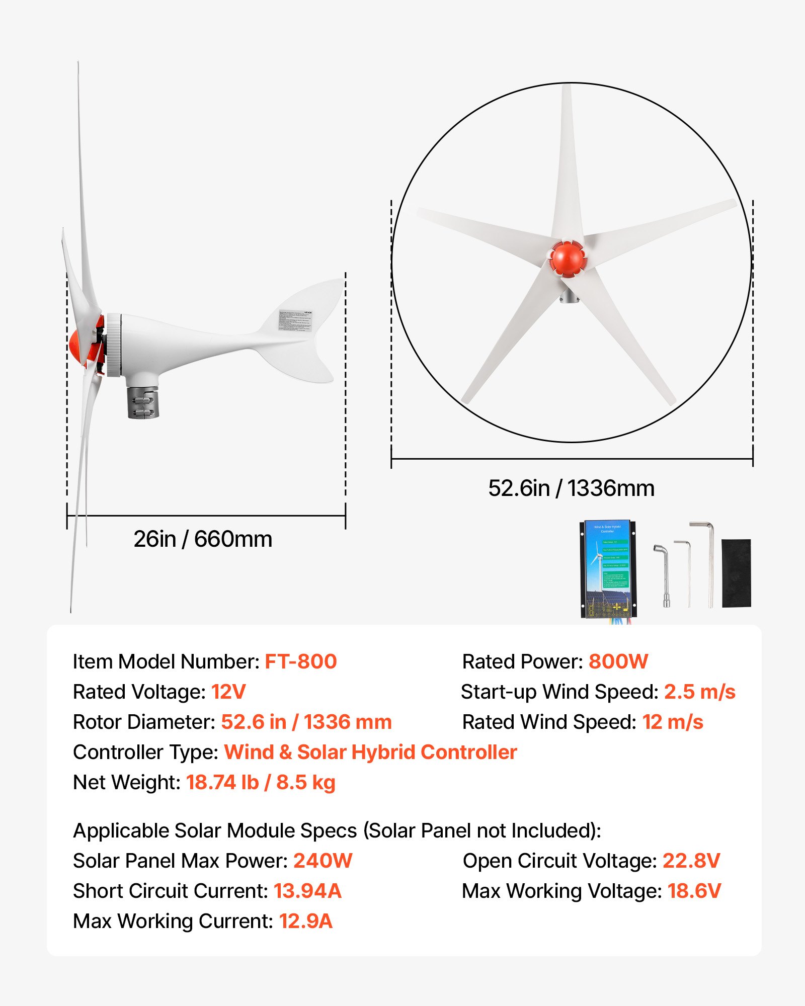 VEVOR 800W 12V horizontale windturbine met MPPT & PWM, 5 rotorbladen, 3-fasen wisselstroom, IP67-classificatie en overlaadbeveiliging, hybride wind- en zonne-energiecontroller, windturbine voor residentieel gebruik, campers en boten.