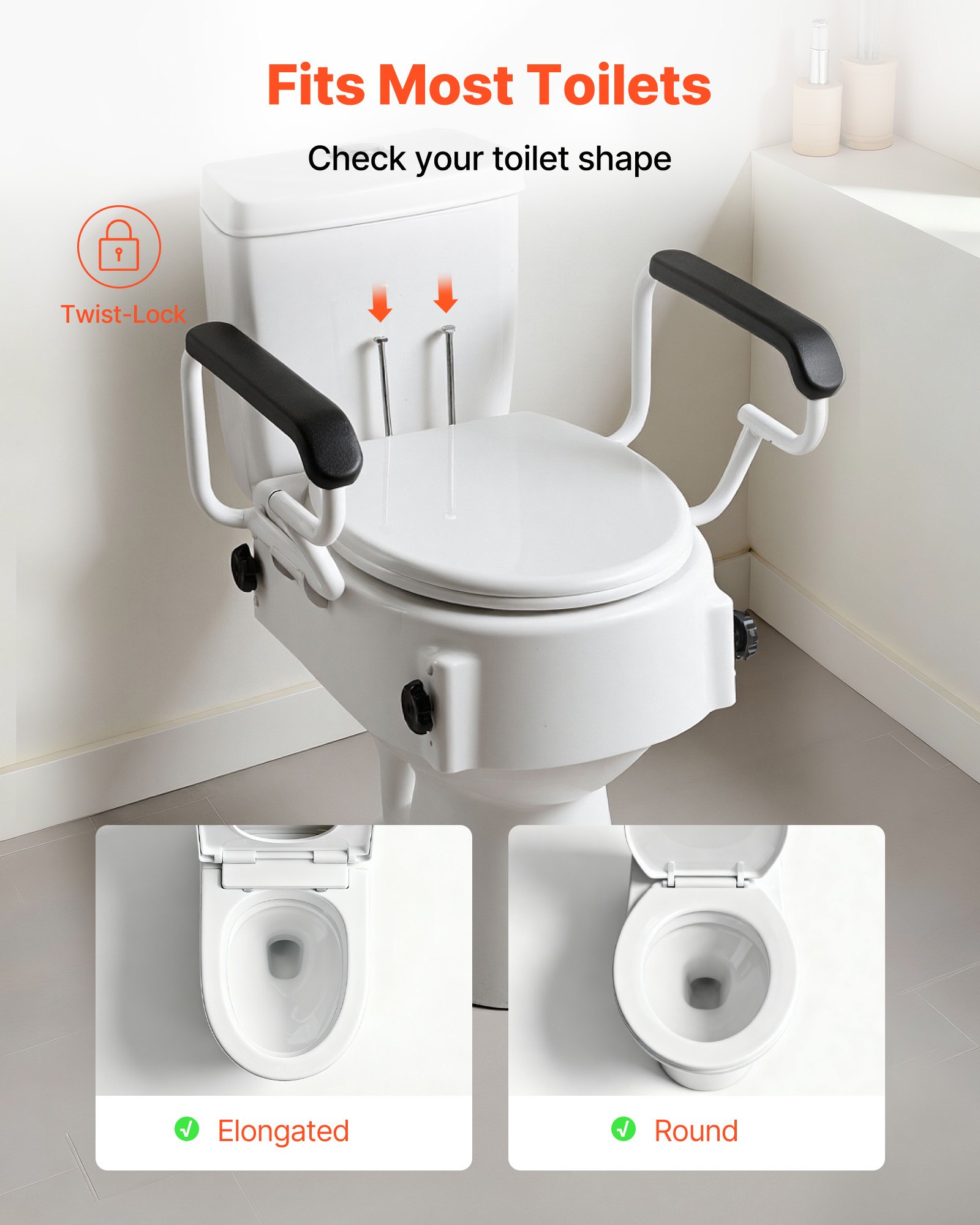 VEVOR toiletbrilverhoger met gewatteerde armleuningen en een draagvermogen van 136 kg, in hoogte verstelbaar (3 standen), geschikt voor ouderen, senioren en mensen met een beperking.