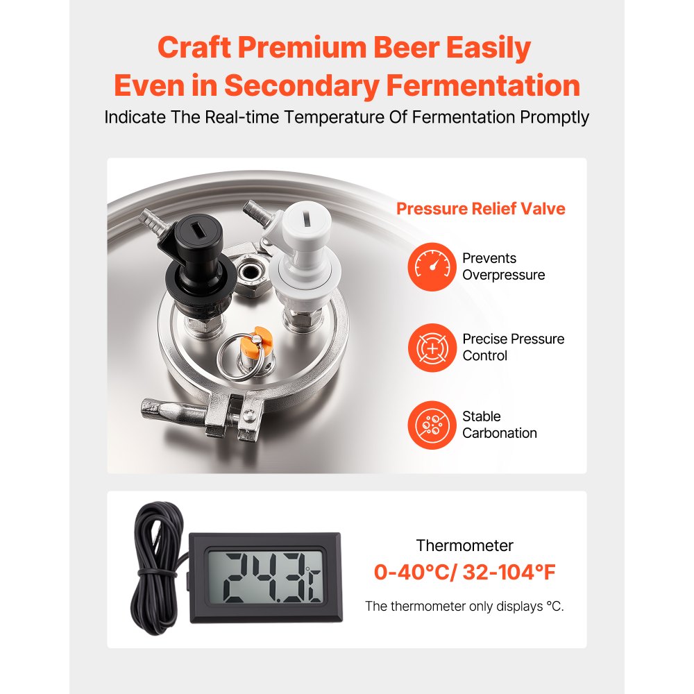 VEVOR Stainless Steel Conical Fermenter, 8 Gal/30L Home Brewing Fermenation Tank, Brew Bucket Fermentor with Conical Bottom, 3 Adjustable Legs, Lid, Handle & Thermometer, for Wine, Beer Fermentation