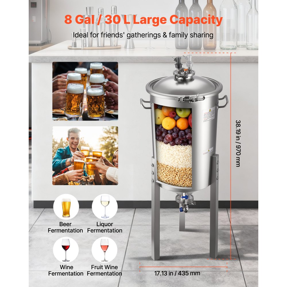 VEVOR Stainless Steel Conical Fermenter, 8 Gal/30L Home Brewing Fermenation Tank, Brew Bucket Fermentor with Conical Bottom, 3 Adjustable Legs, Lid, Handle & Thermometer, for Wine, Beer Fermentation