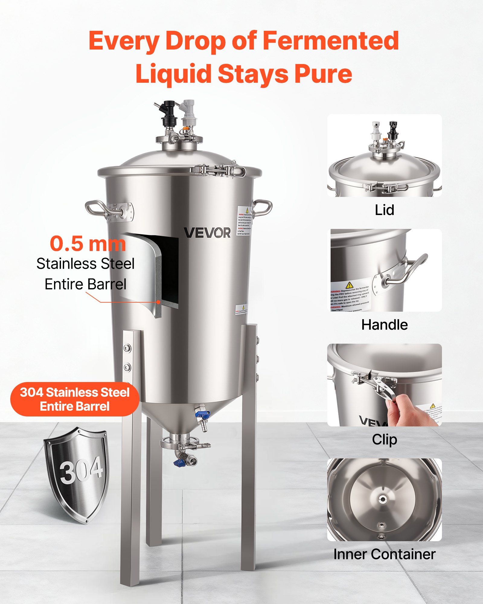 VEVOR Conische roestvrijstalen gistingsketel 30L, gistingsvat voor thuisbrouwen, gistingsketel met conische bodem, verlengpoten, deksel, handvat en thermometer, gistingsvat voor wijn- en biergisting