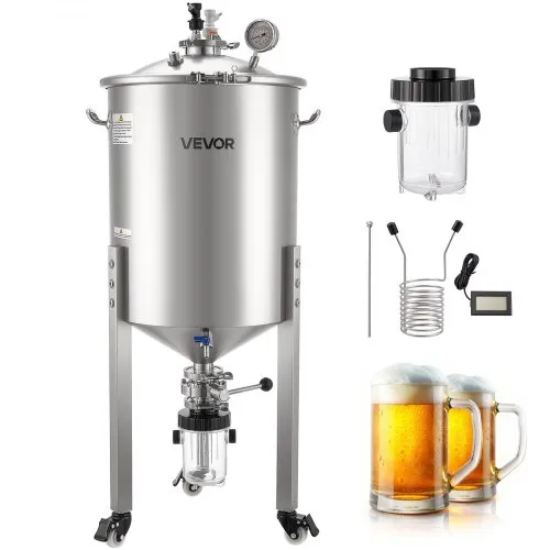 VEVOR Conische roestvrijstalen gistingsketel 60L, gistingsvat voor thuisbrouwen, gistingsketel met conische bodem, 3 zwenkwielen, deksel, handvat en thermometer, gistingsvat voor wijn- en biergisting.