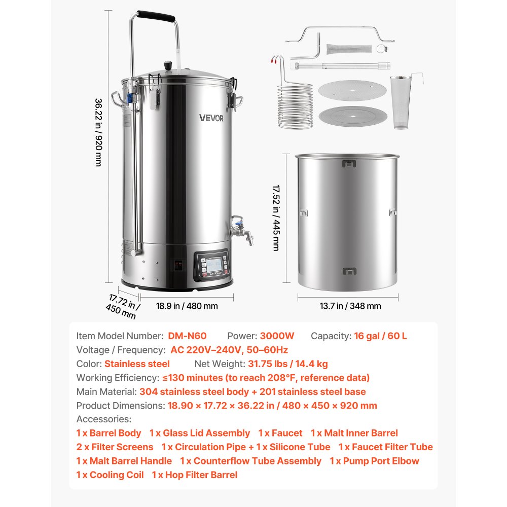 VEVOR elektrisch bierbrouwsysteem, brouwketel van 60 liter voor thuisgebruik, maischkuip met receptgeheugen, automatische/handmatige modus, bedieningspaneel en circulatieleiding.