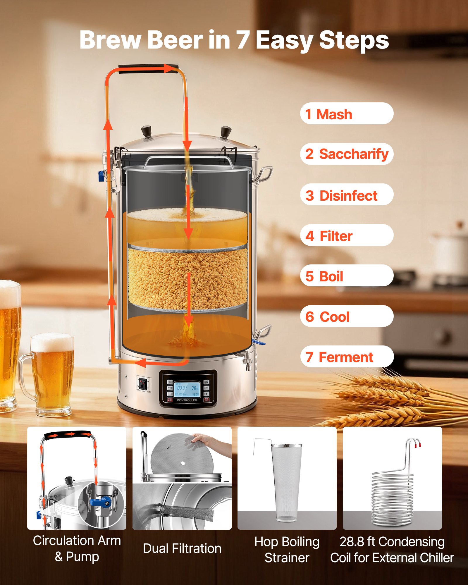 VEVOR elektrisch bierbrouwsysteem, brouwketel van 60 liter voor thuisgebruik, maischkuip met receptgeheugen, automatische/handmatige modus, bedieningspaneel en circulatieleiding.