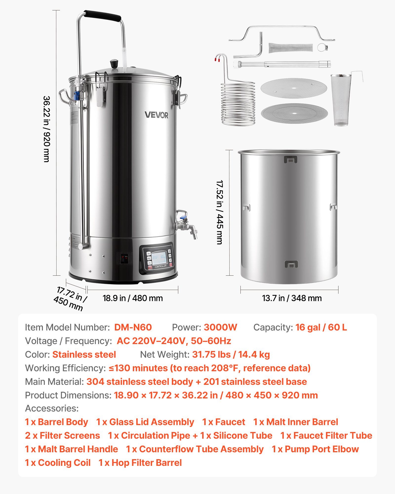 VEVOR elektrisch bierbrouwsysteem, brouwketel van 60 liter voor thuisgebruik, maischkuip met receptgeheugen, automatische/handmatige modus, bedieningspaneel en circulatieleiding.