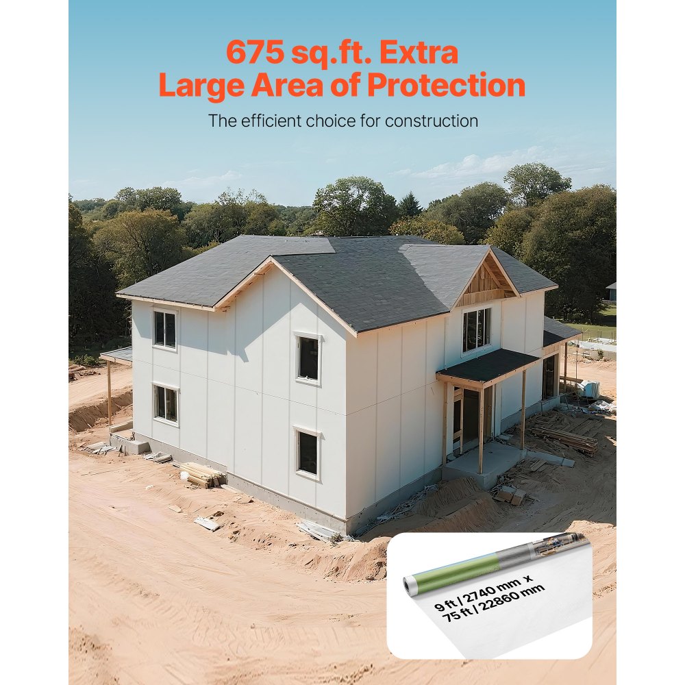 VEVOR House Wrap, 2740 x 22860 mm, 0.13 mm Thick Vapor Barrier, Heavy Duty Plastic Sheeting for Tear-resistant, Drop Cloth Vapor Barrier Covering for Residential & Commercial Construction, White