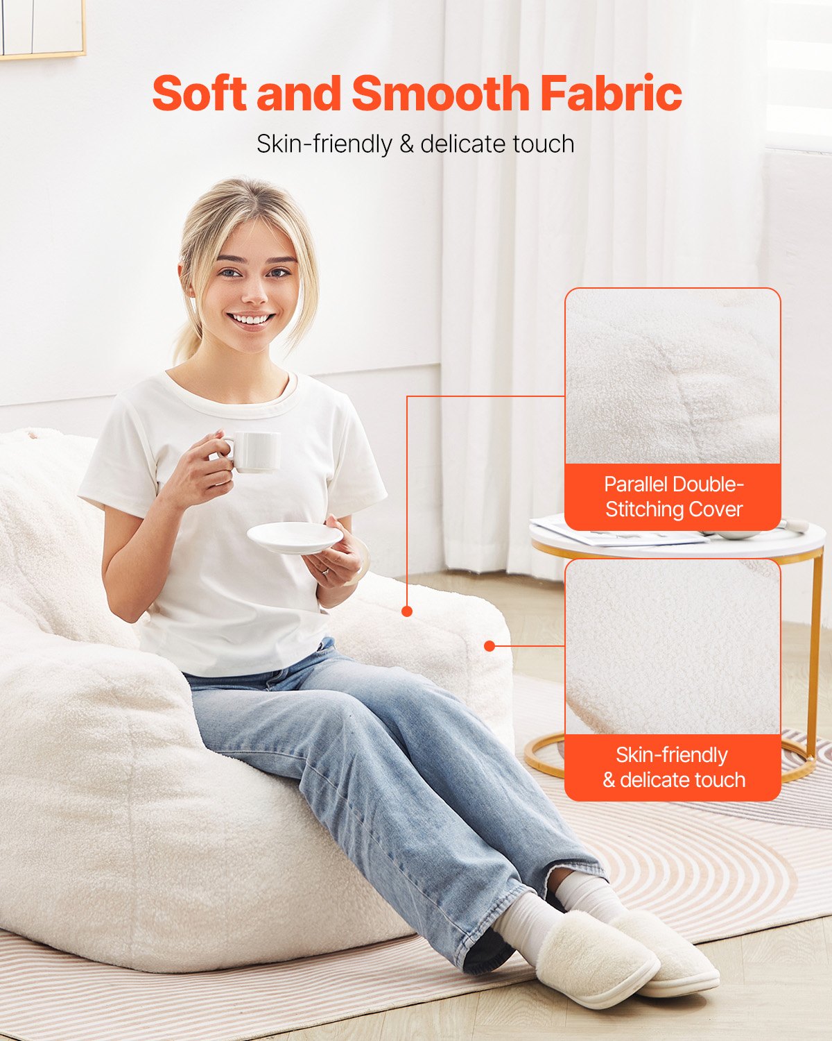 VEVOR zitzak (920 x 900 x 685 mm) met armleuningen en opbergzak, gevuld met 25D traagschuim met zachte teddyfluwelen hoes, zitzak voor slaapkamer/speelkamer, wit