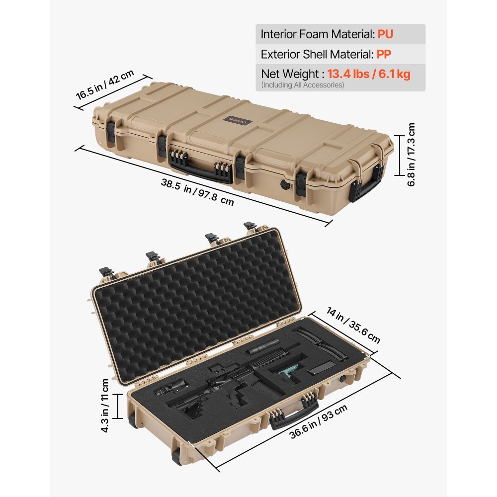 VEVOR Hard Shell Gun Case voor lange geweren, afsluitbare geweerkoffer met voorgesneden schuim, lange geweerkoffer, oprolbaar, IP67 waterdicht, 97,8 x 42 x 17,3 cm, kaki