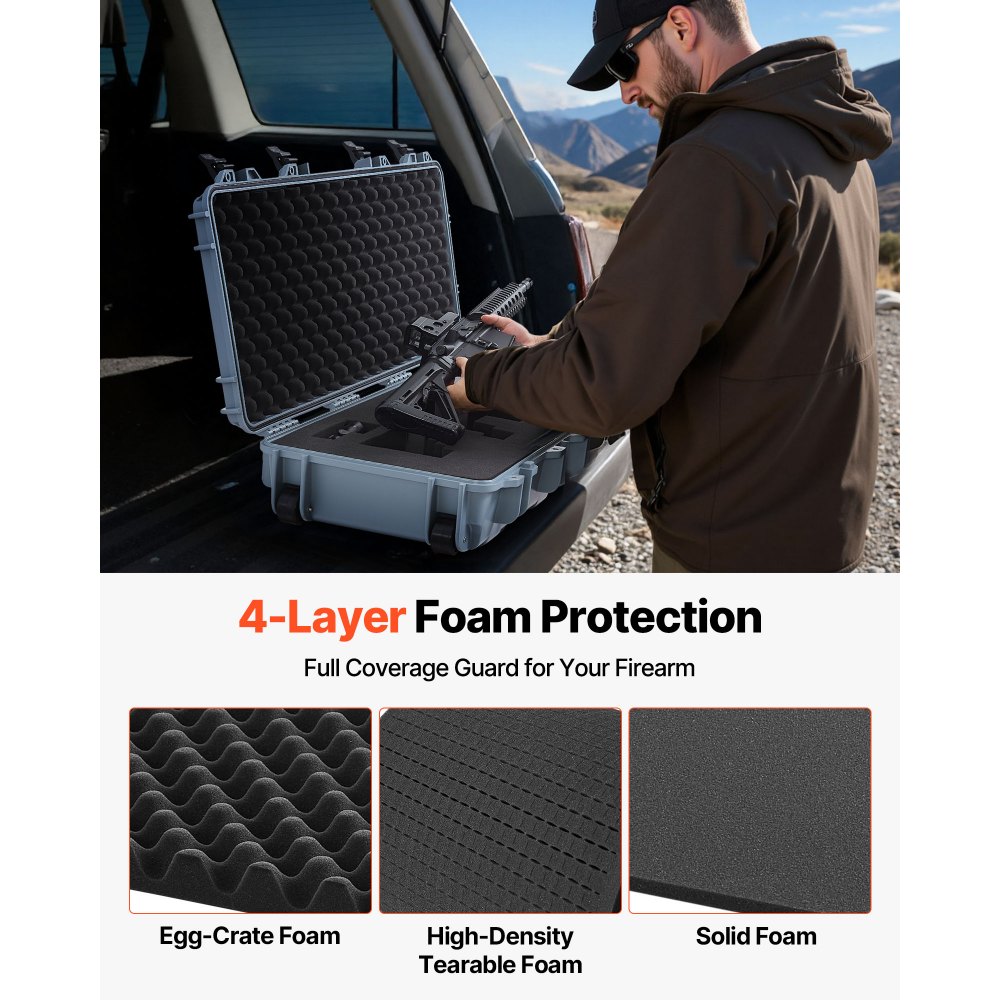 VEVOR Hard Rifle Case, Lockable Rifle Case with 4 Layers Pre-cut Foams, 914 mm Gun Storage with Wheels, IP67 Waterproof & Dustproof Pistol Storage Cases for Rifles, Shotguns, Airsoft Guns, Grey