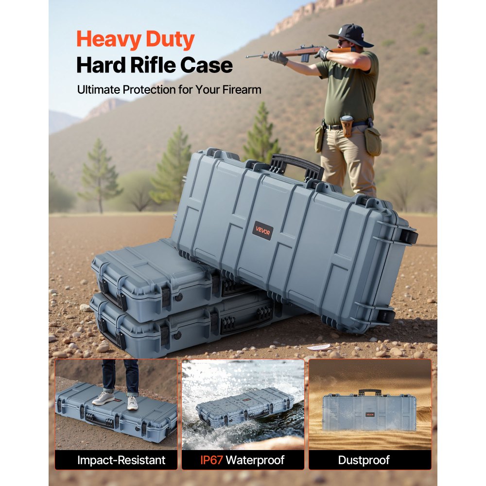 VEVOR Hard Shell Gun Case voor lange geweren, afsluitbare geweerkoffer met voorgesneden schuim, lange geweerkoffer, oprolbaar, IP67 waterdicht, 97,8 x 42 x 17,3 cm, grijs