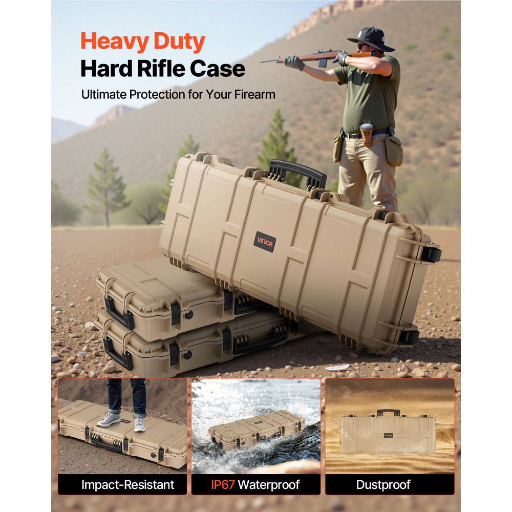 VEVOR Hard Shell Gun Case voor lange geweren, afsluitbare geweerkoffer met voorgesneden schuim, lange geweerkoffer, oprolbaar, IP67 waterdicht, 108,9 x 39,2 x 15,5 cm, kaki