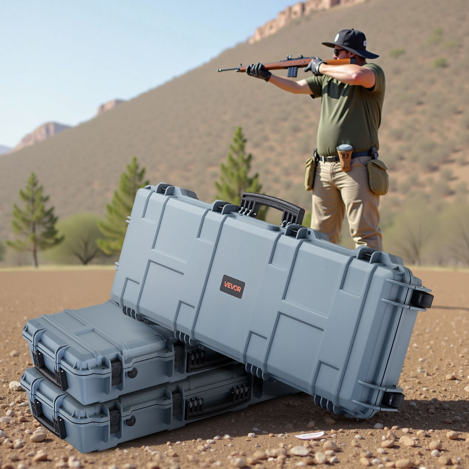 VEVOR Hard Shell Gun Case voor lange geweren, afsluitbare geweerkoffer met voorgesneden schuim, lange geweerkoffer, oprolbaar, IP67 waterdicht, 1090x410x155 mm, grijs