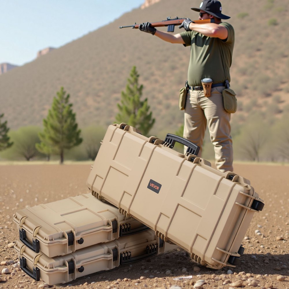 VEVOR Hard Rifle Case, Lockable Rifle Case with Pre-cut Foams, 1066 mm Movable Gun Storage with Wheels, IP67 Waterproof & Dustproof Pistol Storage for Rifle, Shotgun, Airsoft Gun, Khaki