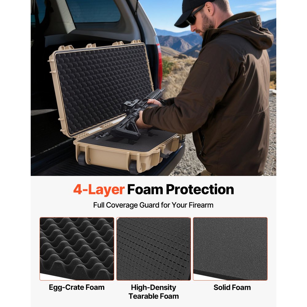 VEVOR Hard Shell Gun Case voor lange geweren, afsluitbare geweerkoffer met voorgesneden schuim, lange geweerkoffer, oprolbaar, IP67 waterdicht, 109 x 41 x 15.5 cm, kaki