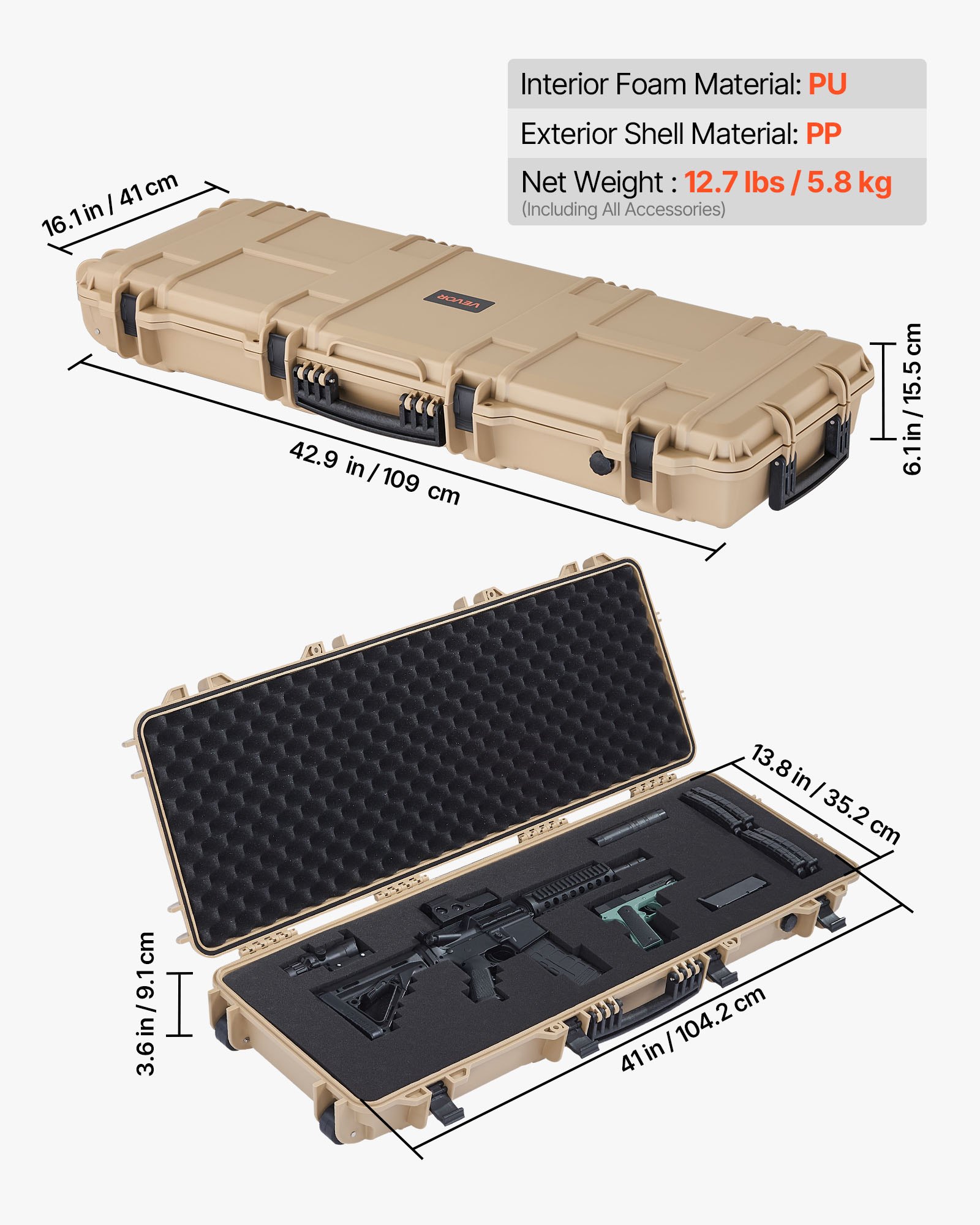 VEVOR Hard Rifle Case, Lockable Rifle Case with Pre-cut Foams, 1066 mm Movable Gun Storage with Wheels, IP67 Waterproof & Dustproof Pistol Storage for Rifle, Shotgun, Airsoft Gun, Khaki