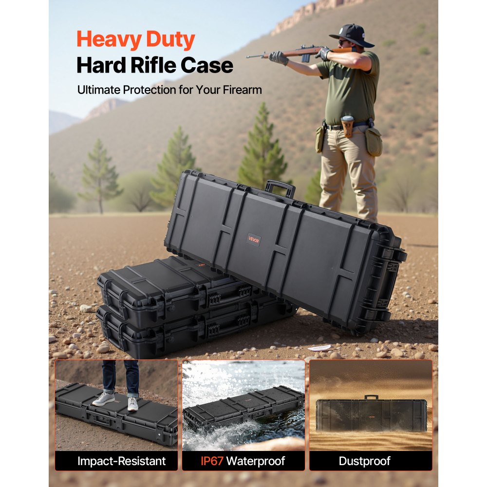 VEVOR Hard Shell Gun Case voor lange geweren, afsluitbare geweerkoffer met uitneembaar XPE-schuim, lange geweerkoffer, oprolbaar, IP67 waterdicht, 1341 x 425 x 180 mm, zwart