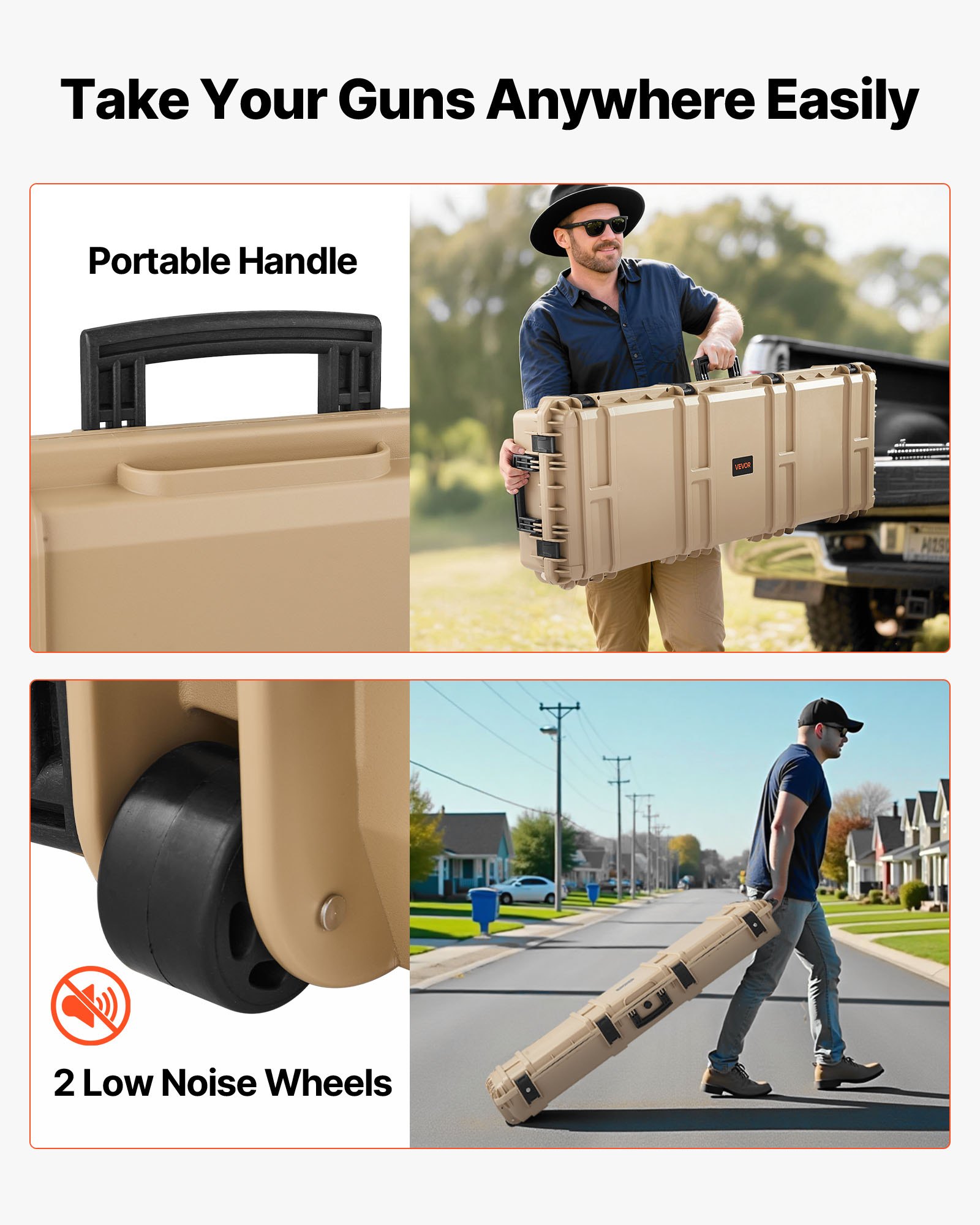 VEVOR Hard Rifle Case, Lockable Rifle Case with Pre-cut Foams, 1320 mm Gun Storage with Wheels, Heavy Duty IP67 Waterproof & Dustproof Pistol Storage Cases for Rifles, Shotguns, Airsoft Guns, Khaki