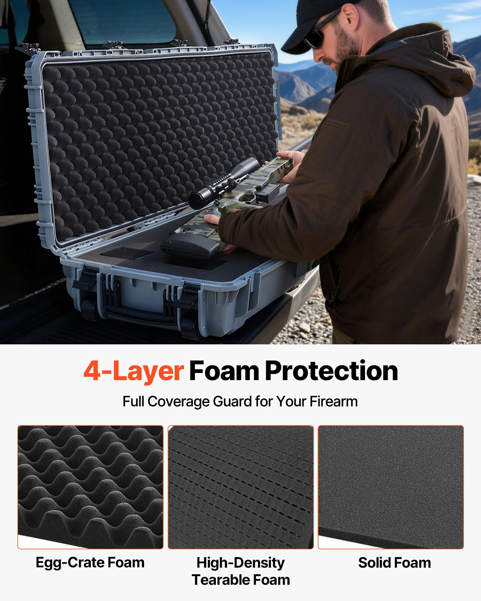 VEVOR Hard Rifle Case, Lockable Rifle Case with Pre-cut Foams, 1320 mm Gun Storage with Wheels, Heavy Duty IP67 Waterproof & Dustproof Pistol Storage Cases for Rifles, Shotguns, Airsoft Guns, Grey