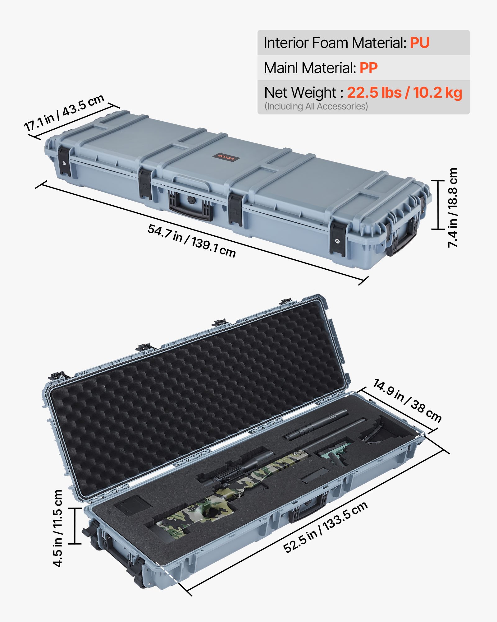 VEVOR Hard Rifle Case, Lockable Rifle Case with Pre-cut Foams, 1320 mm Gun Storage with Wheels, Heavy Duty IP67 Waterproof & Dustproof Pistol Storage Cases for Rifles, Shotguns, Airsoft Guns, Grey