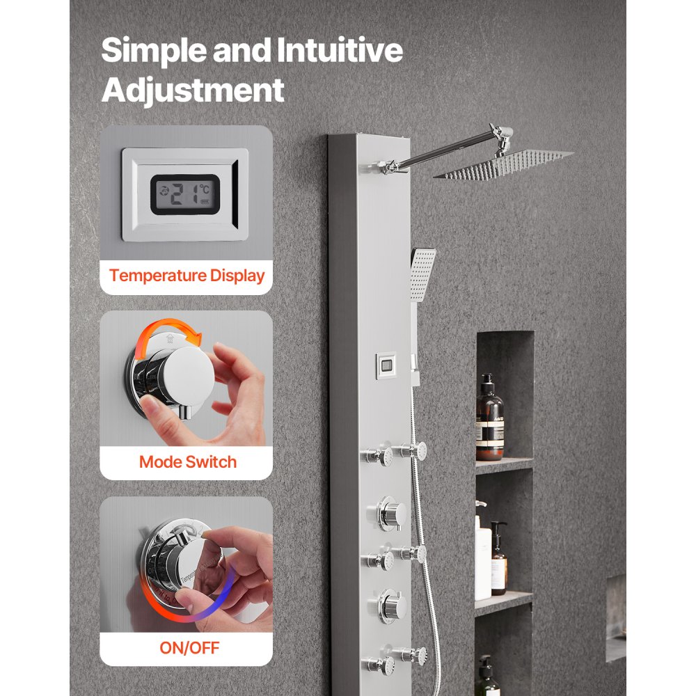 VEVOR Douchepaneeltorensysteem met regendouchekop, (124 cm) geborstelde roestvrijstalen douchekolom, aan de muur bevestigd regenmassagesysteem, met handdouche en 6 kleine massagejets