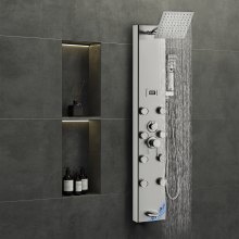 VEVOR shower panel system, 5 shower modes, shower panel tower with digital display, rainfall, 8 massage jets, tub spout, hand shower with 3 settings, 59 inch hose, wall-mounted stainless steel shower set