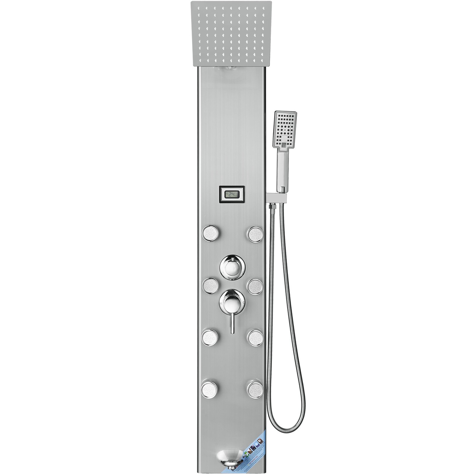 VEVOR Shower Panel System, 6 Shower Modes, Digital Display Shower Panel Tower, Rainfall, 8 Massage Jets, Tub Spout, 3-Setting Handheld Shower Head 59" Hose, Stainless Steel Wall-Mounted Shower Set