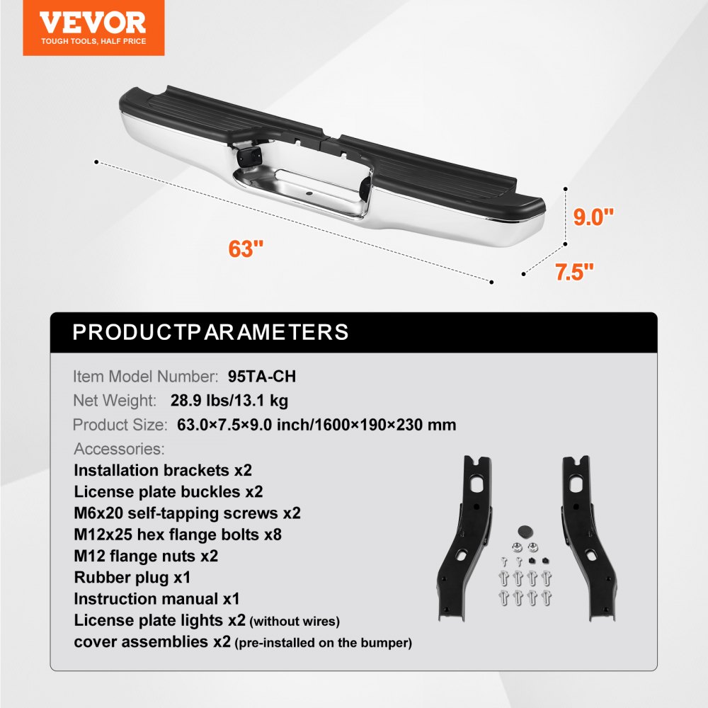VEVOR Achterbumper, compatibel met Toyota Tacoma 1995-2004, Chromen stalen achterbumper, montagevervangende achterbumper met kentekenplaatverlichting en kickpad, zonder sensorgaten, voor TO1102215