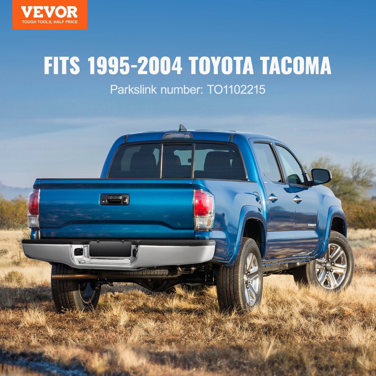 VEVOR Achterbumper, compatibel met Toyota Tacoma 1995-2004, Chromen stalen achterbumper, montagevervangende achterbumper met kentekenplaatverlichting en kickpad, zonder sensorgaten, voor TO1102215