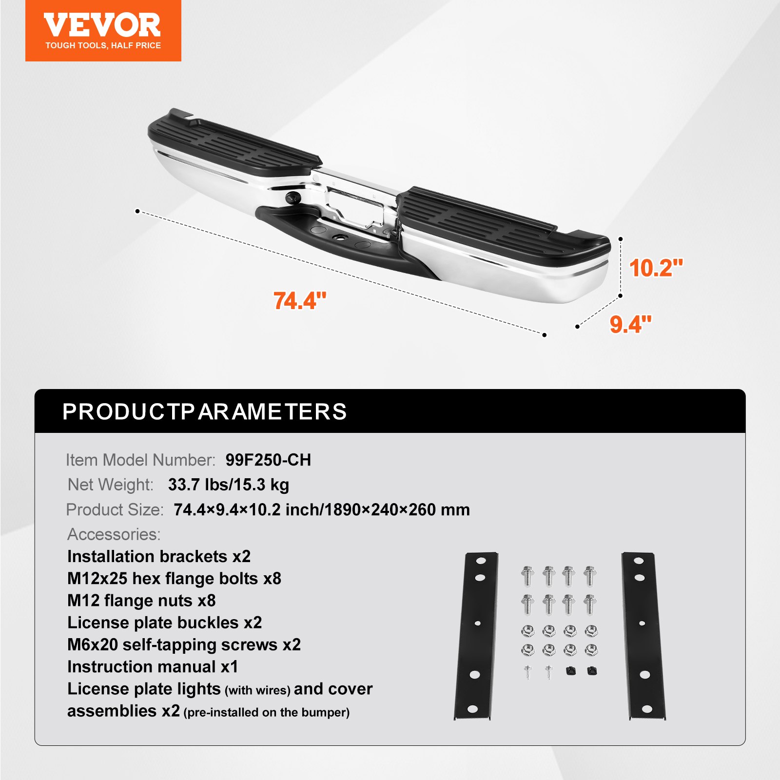 VEVOR Achterbumper, compatibel met 1999-2007 Ford F250/Ford F350 Super Duty, verchroomde stalen achterbumper, montage vervangende achterbumper met kentekenplaatverlichting en treeplank, voor FO1101141
