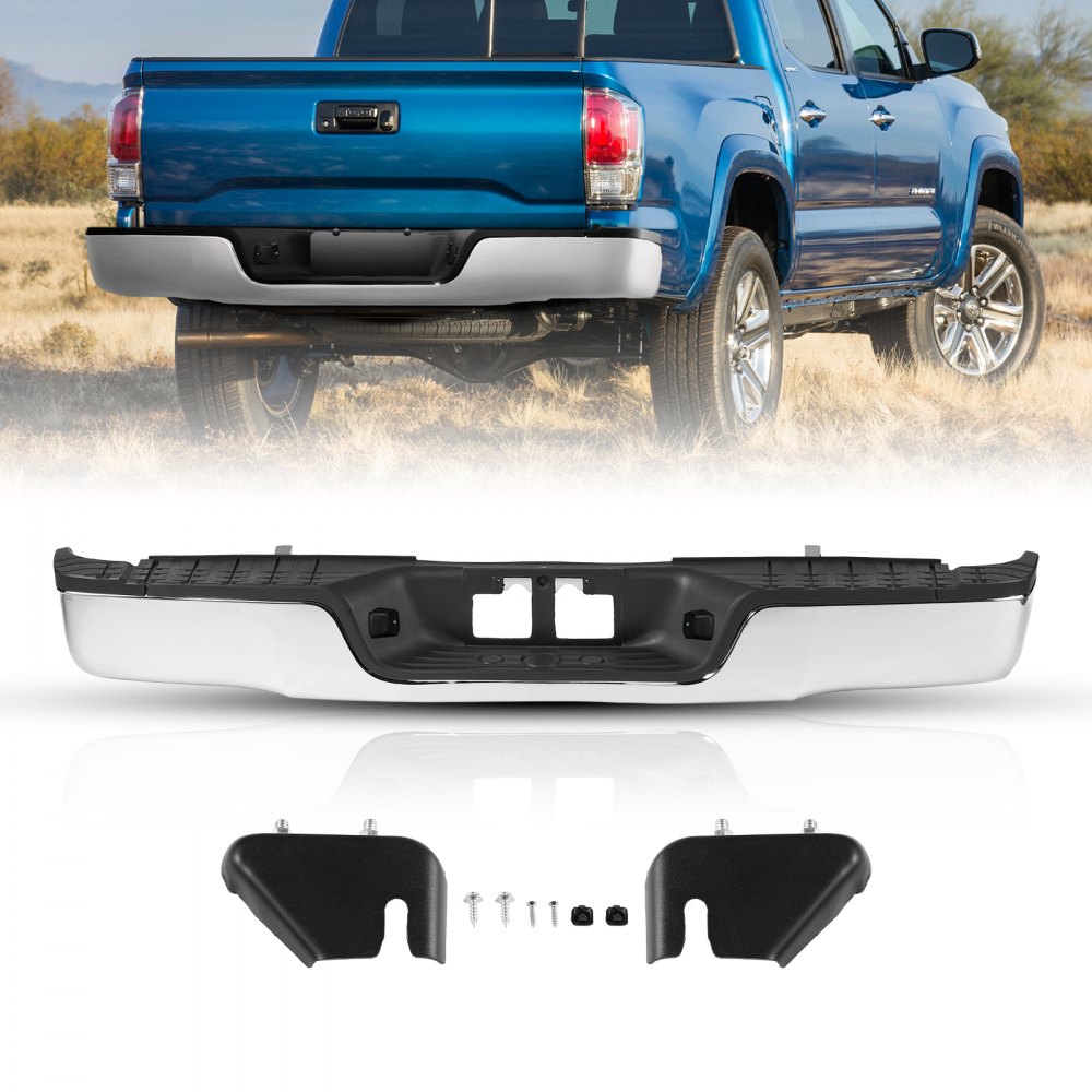 blue truck with VEVOR tundra rear bumper, components laid out, grassy field backdrop.