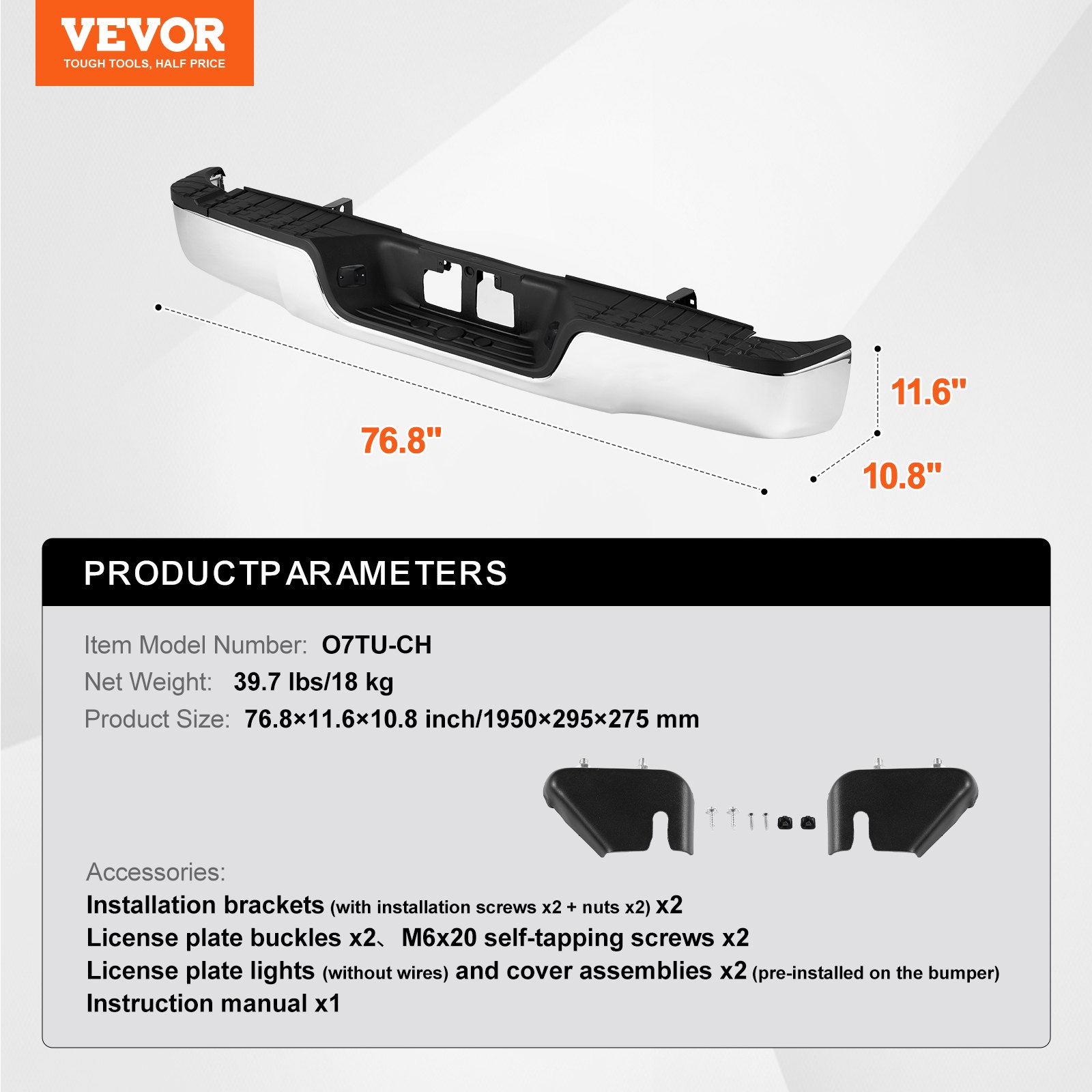VEVOR Achterbumper, compatibel met Toyota Tundra 2007-2013, Chromen stalen achterbumper, montage vervangende achterbumper met kentekenplaatverlichting en treeplank, zonder sensorgaten, voor TO1103117