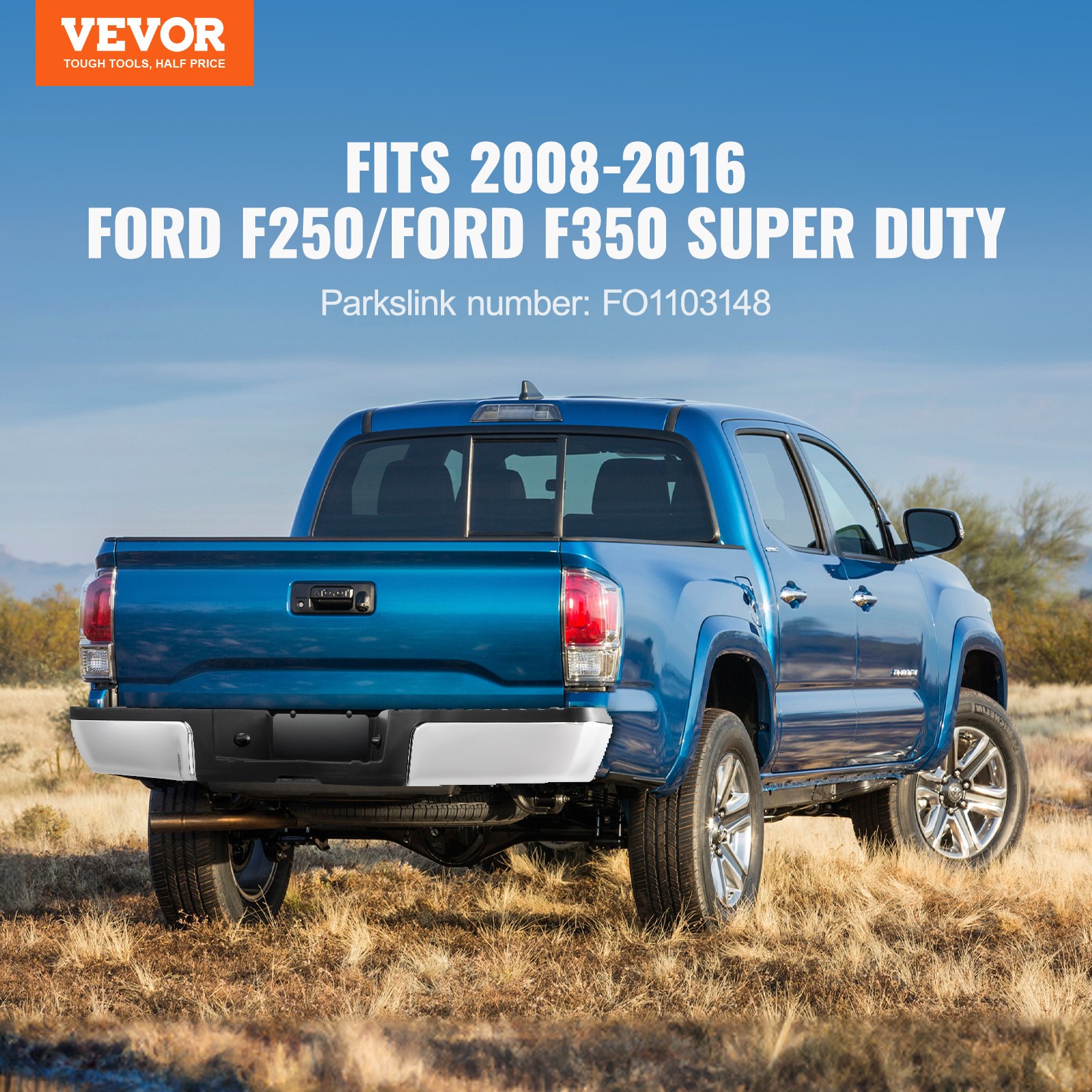 VEVOR Achterbumper, compatibel met 2008-2016 Ford F250/Ford F350 Super Duty, chromen stalen achterbumper, montage vervangende achterbumper met kentekenplaatverlichting en treeplank