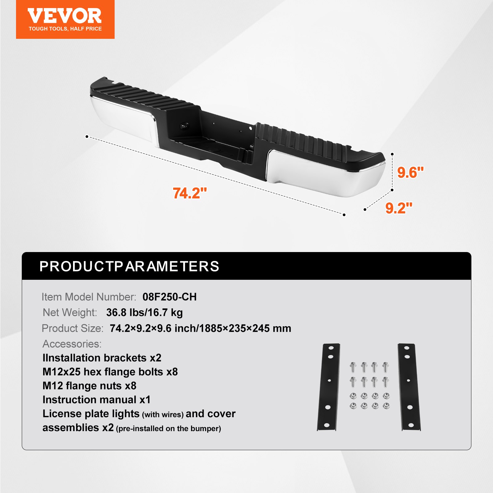 VEVOR Achterbumper, compatibel met 2008-2016 Ford F250/Ford F350 Super Duty, chromen stalen achterbumper, montage vervangende achterbumper met kentekenplaatverlichting en treeplank