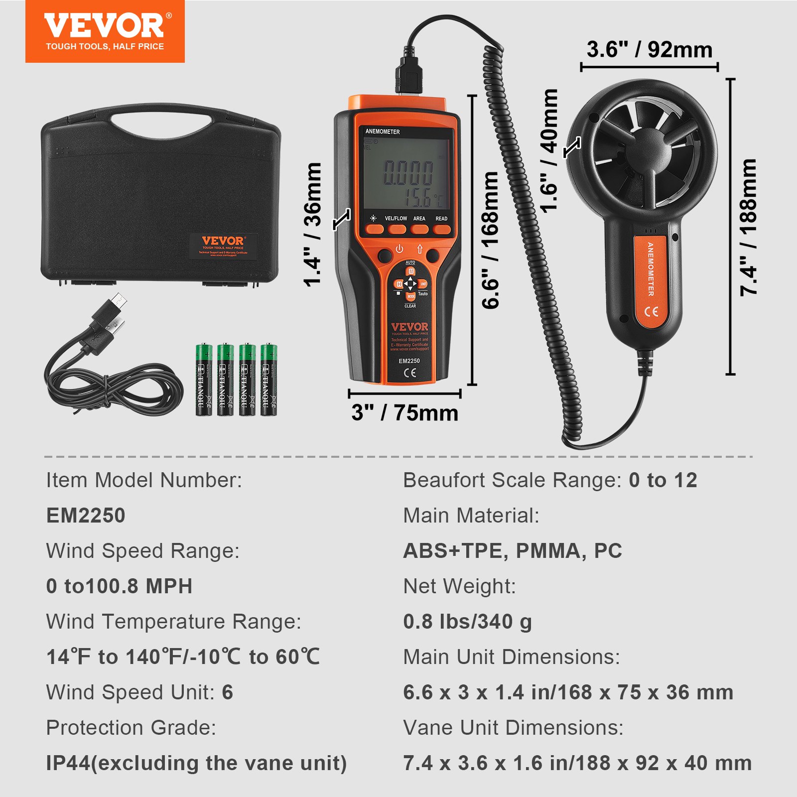 VEVOR Split Handheld Anemometer, 14℉-140℉, Digital Wind Speed CFM Meter Gauge with LED Backlight Screen, Measures Wind Velocity Wind Temperature Air Flow Wind Chill, for Sailing Surfing Flying HVAC