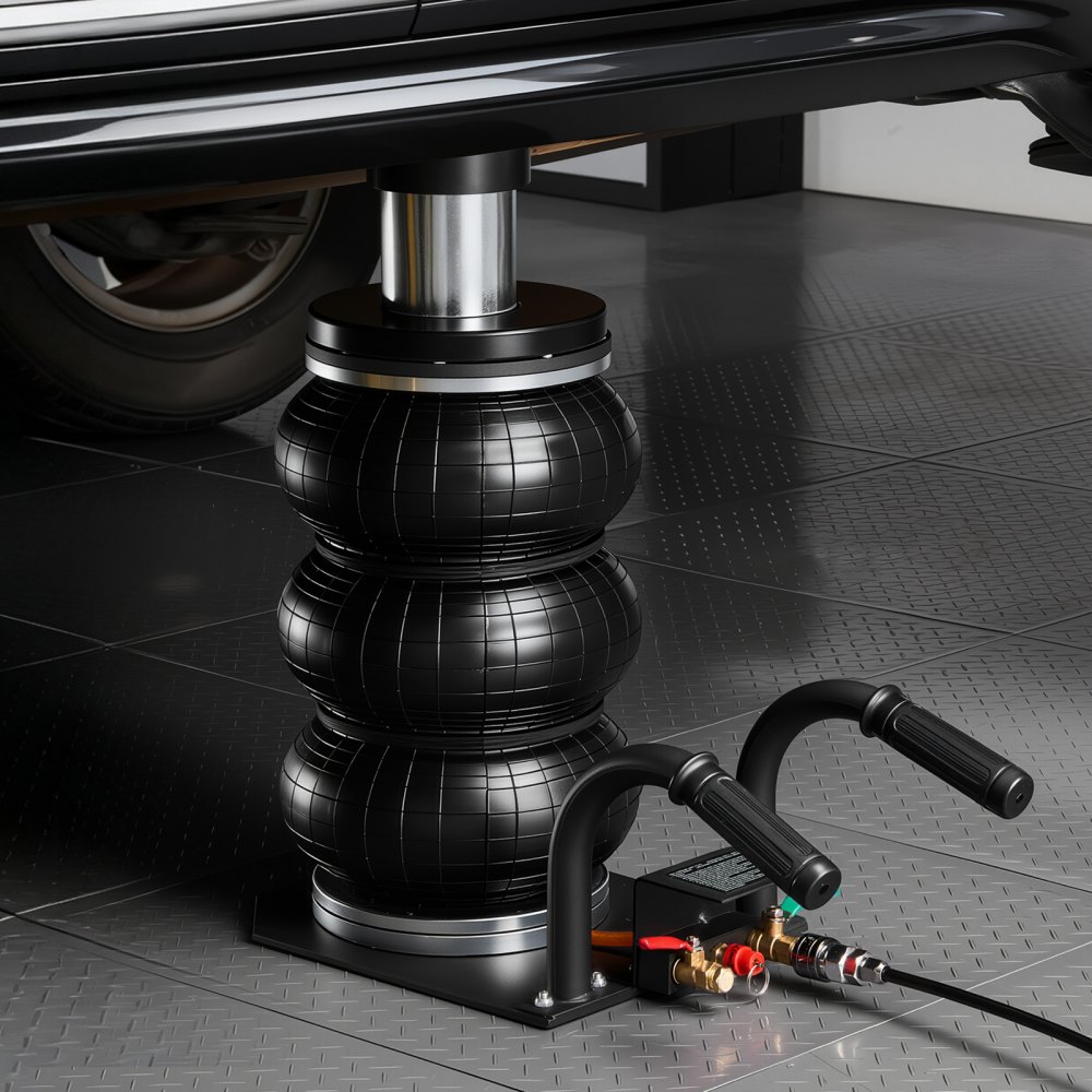 VEVOR Air draagbare autoliften, 2 stuks, 5 ton capaciteit, maximale hefhoogte 32 cm, pneumatische oprijplaten met luchtvering, wielkeggen, verlengstukken en verhoogde kolommen, voor sedans, SUV's en pick-ups.