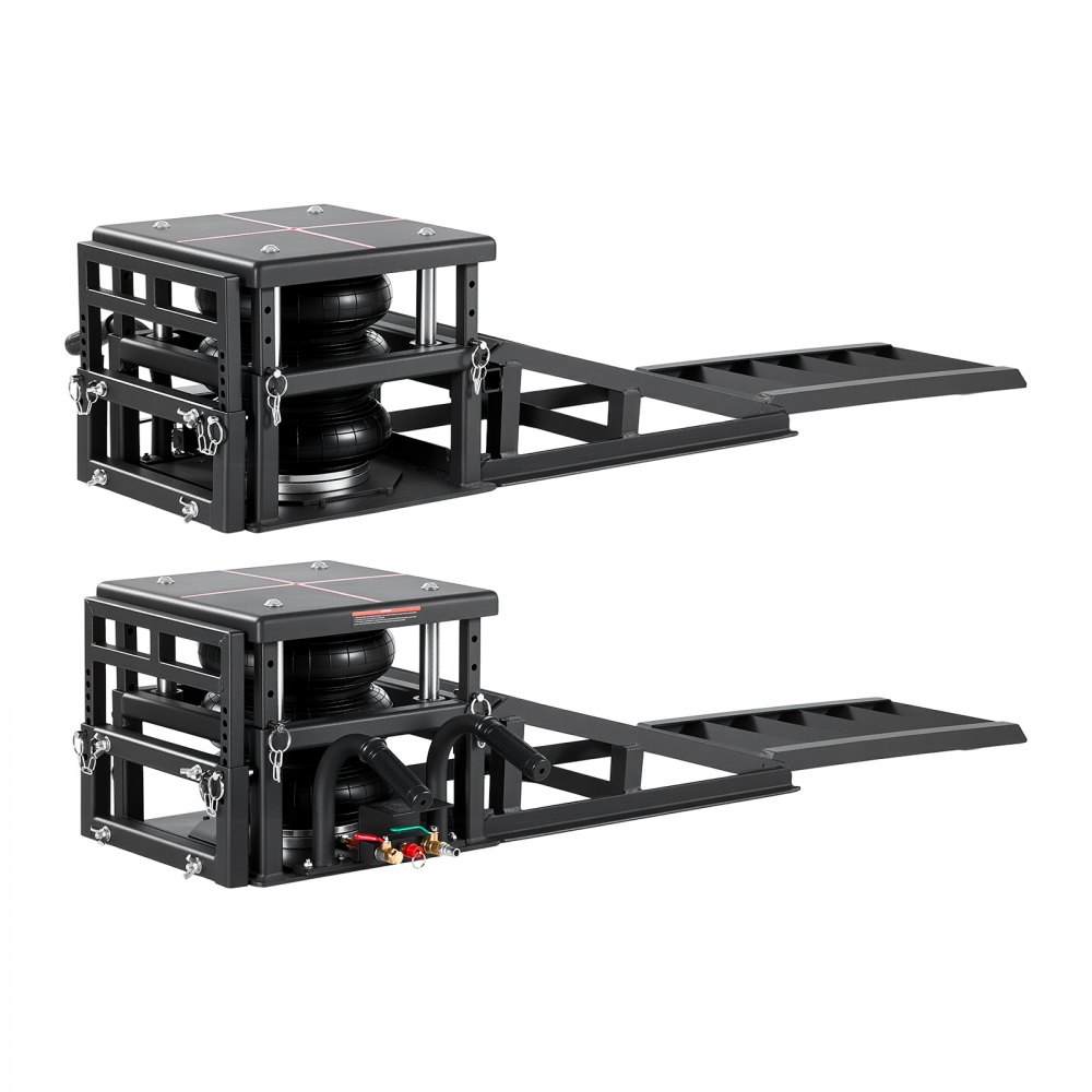 VEVOR Air draagbare autoliften, 2 stuks, 5 ton capaciteit, maximale hefhoogte 32 cm, pneumatische oprijplaten met luchtvering, wielkeggen, verlengstukken en verhoogde kolommen, voor sedans, SUV's en pick-ups.