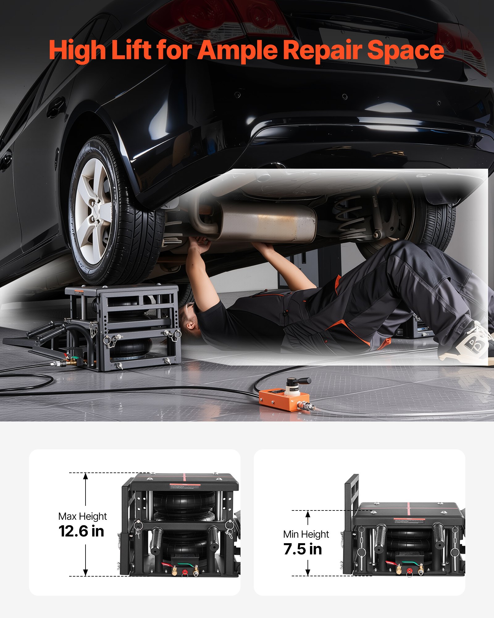 VEVOR Air draagbare autoliften, 2 stuks, 5 ton capaciteit, maximale hefhoogte 32 cm, pneumatische oprijplaten met luchtvering, wielkeggen, verlengstukken en verhoogde kolommen, voor sedans, SUV's en pick-ups.