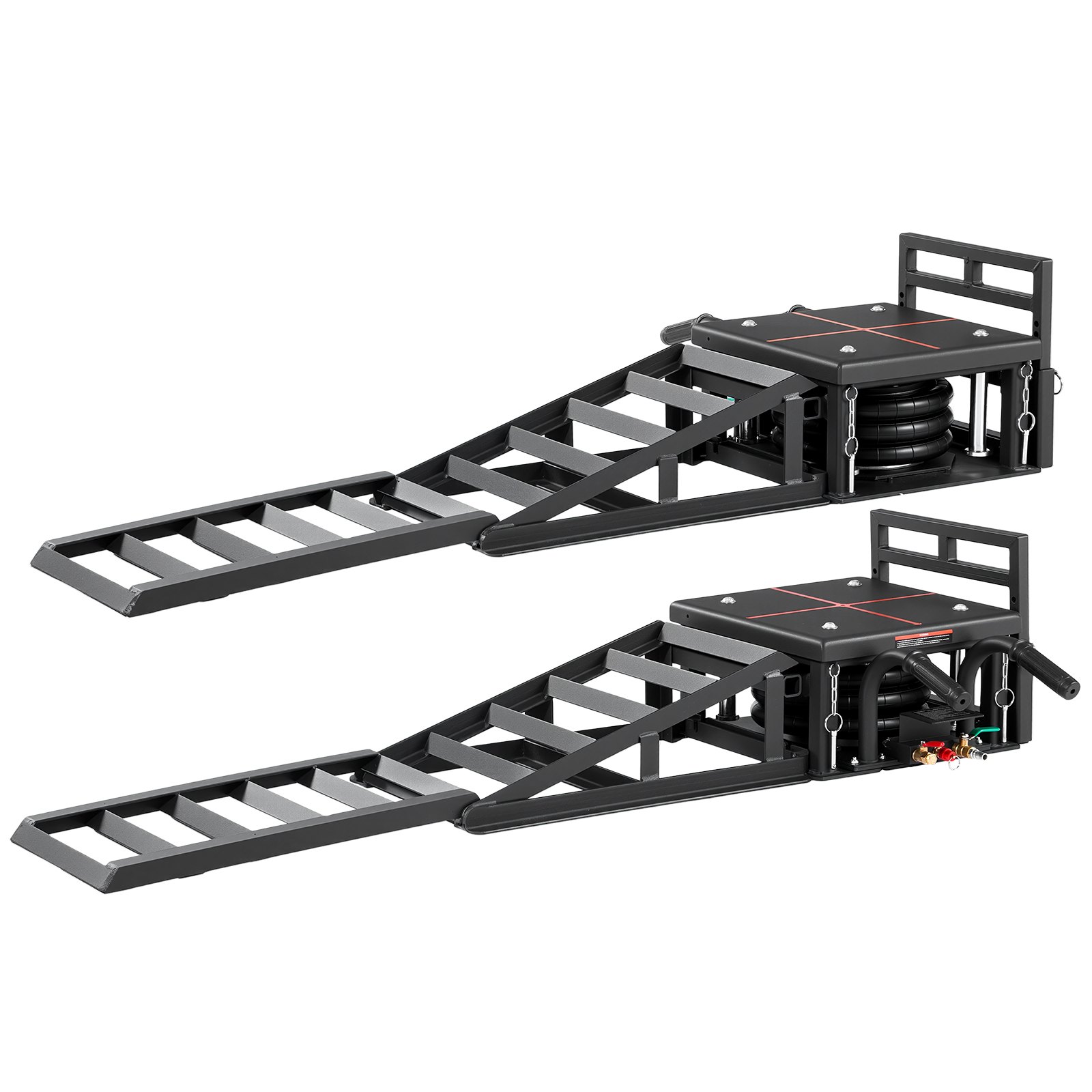 VEVOR Air draagbare autoliften, 2 stuks, 5 ton capaciteit, maximale hefhoogte 32 cm, pneumatische oprijplaten met luchtvering, wielkeggen, verlengstukken en verhoogde kolommen, voor sedans, SUV's en pick-ups.