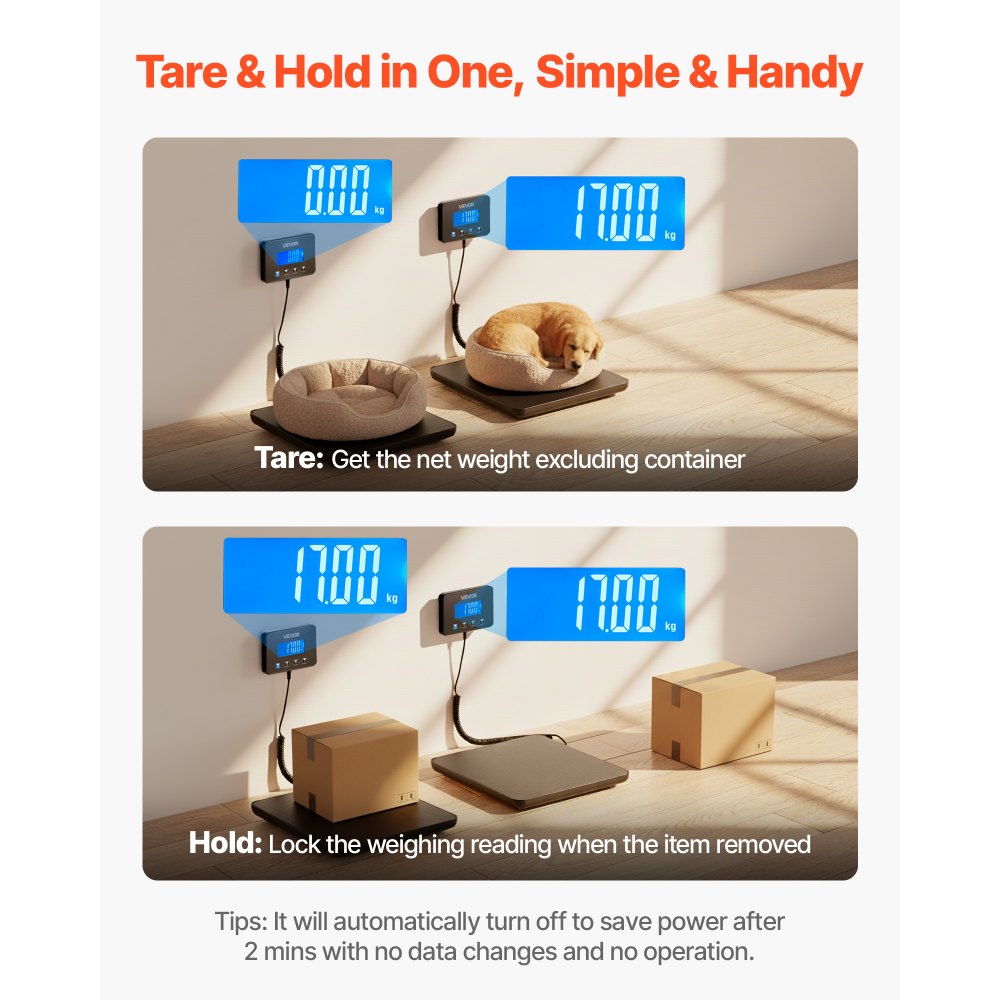 VEVOR digitale pakketweegschaal, 10/100 g, dubbele nauwkeurigheid, platformweegschaal tot 200 kg met hold/tarra-functie en lcd-display, voor pakketten, post, bagage, inclusief batterij en oplaadkabel