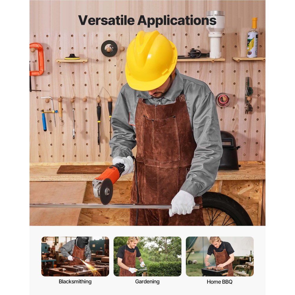 VEVOR Leather Welding Apron Split Leg, Heavy Duty Cowhide Flame Resistant Welding Pants for Men Women, Heat-Resistant Safety Apron with 3 Pockets for Woodworking, Gardening, Blacksmithing, M-Size