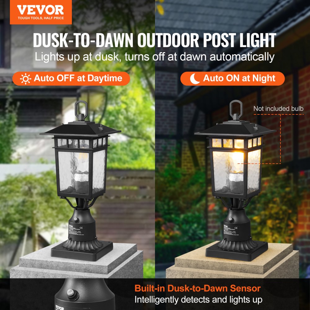 VEVOR 2 Pack Dusk to Dawn Outdoor Post Light, 400 mm, Waterproof Lamp Post Light Fixtures with 3.5 in Pier Mount Base Glass Shade, Lightning-proof Exterior Pole Column Light for Patio Garden Pathway