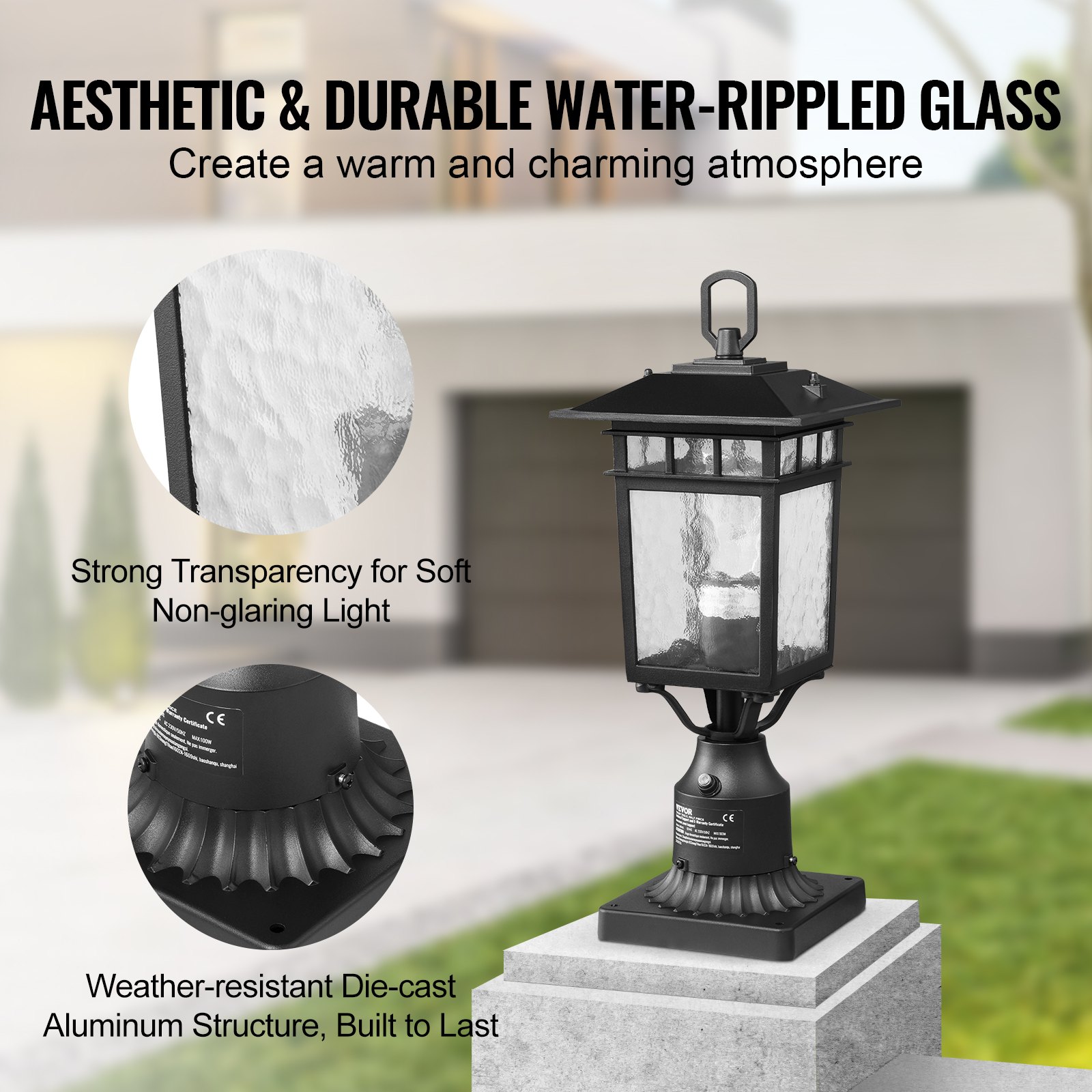 VEVOR 2 Pack Dusk to Dawn Outdoor Post Light, 400 mm, Waterproof Lamp Post Light Fixtures with 3.5 in Pier Mount Base Glass Shade, Lightning-proof Exterior Pole Column Light for Patio Garden Pathway
